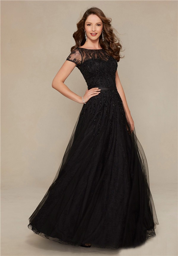 A Line Boat Neck Long Black Tulle Beaded Evening Prom Dress With Sleeves
