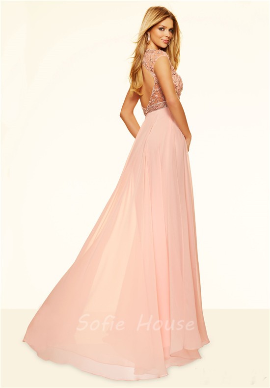 A Line Cap Sleeve Open Back Long Blush Pink Chiffon Beaded Prom Dress