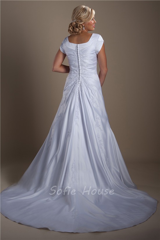 A Line Cap Sleeve Ruched Taffeta Applique Modest Wedding Dress