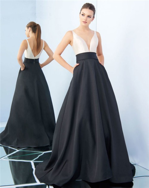 A Line Deep V Neck Black And White Satin Evening Prom Dress With Pockets