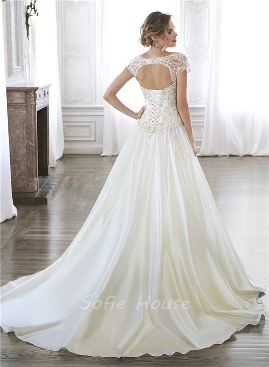 A Line Dropped Waist Taffeta Beaded Corset Wedding Dress Detachable Cap Sleeves