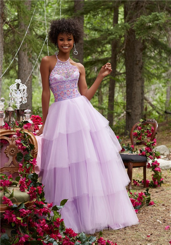 A Line Halter Long Mint Green Tulle Tiered Prom Dress With Beading