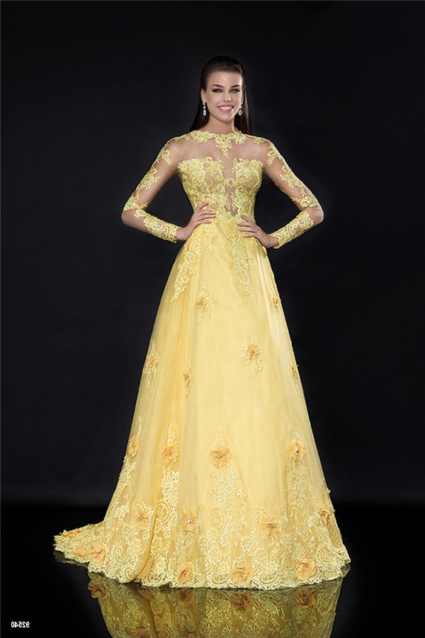 A Line High Neck Long Sleeve Yellow Tulle Lace See Through Prom Dress