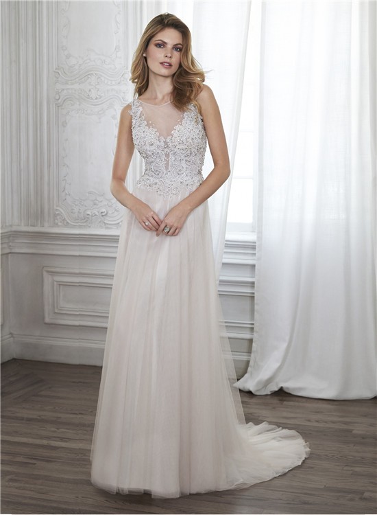 A Line Illusion Neckline Backless Tulle Lace Beaded Wedding Dress 