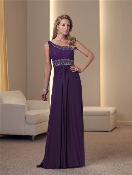A Line One Shoulder Purple Chiffon Beaded Mother Of The Bride Occasion