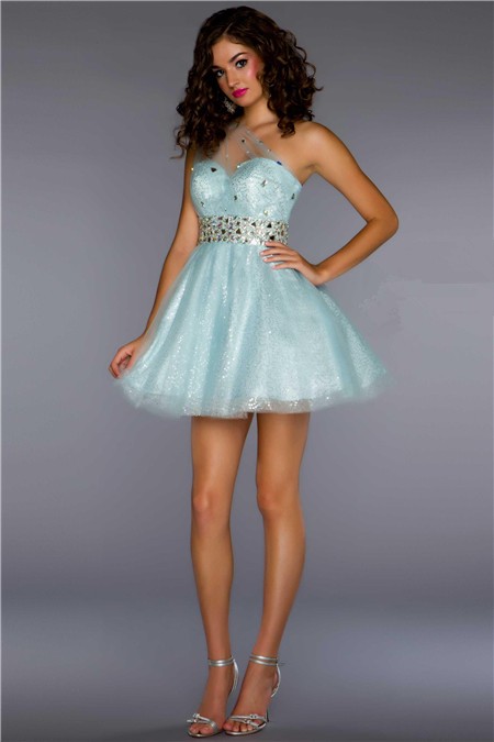 A Line One Shoulder Short Mini Ice Blue Sequin Tulle Homecoming Cocktail Prom Dress