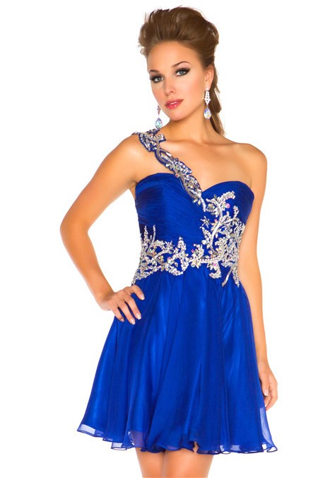 A Line One Shoulder Short Royal Blue Chiffon Beading Cocktail Party Dress