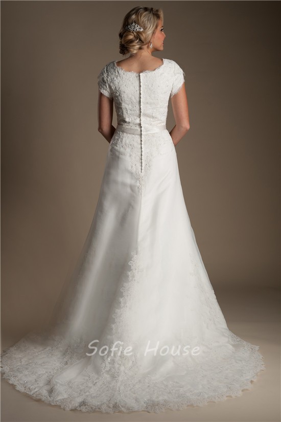 A Line Scoop Neck Cap Sleeve Tulle Lace Beaded Wedding Dress With Sash