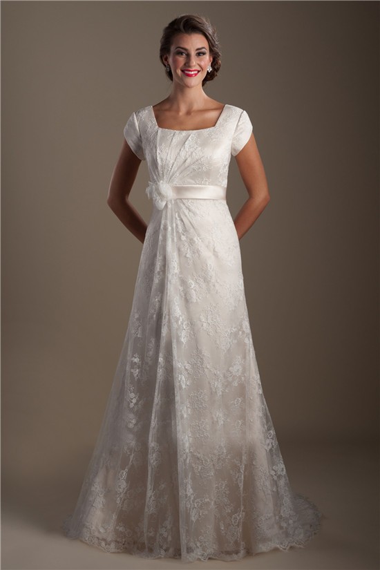 A Line Square Neck Cap Sleeve Lace Modest Wedding Dress With Flower Sash