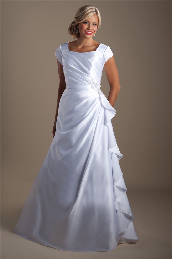 A Line Square Neck Ruched Satin Ruffle Modest Wedding