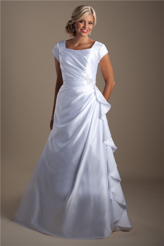 A Line Square Neck Ruched Satin Ruffle Modest Wedding Dress With Sleeves