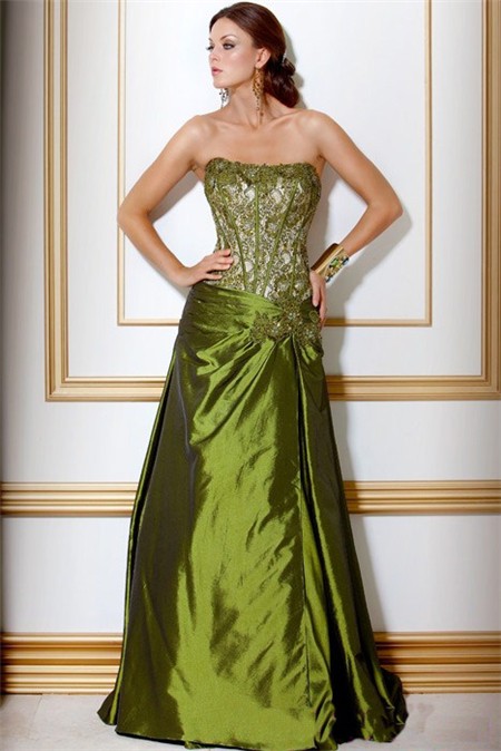 A Line Strapless Long Green Taffeta Beaded Corset Evening Wear Dress
