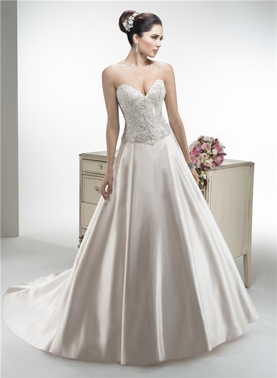 A Line Strapless Satin Beaded Wedding Dress With Detachable Straps