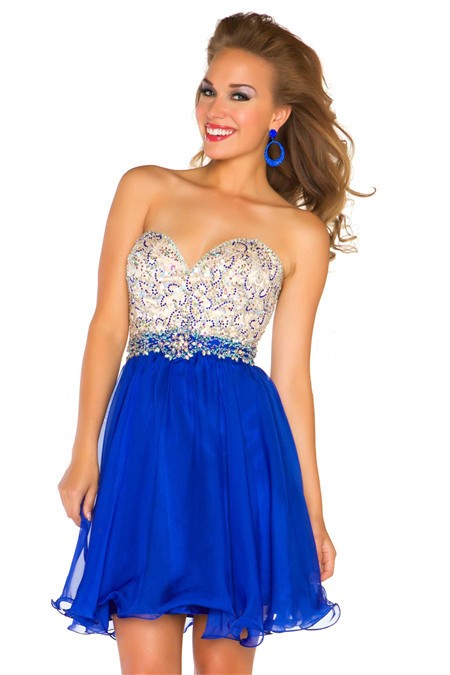 A Line Strapless Short Royal Blue Chiffon Beading Homecoming Cocktail
