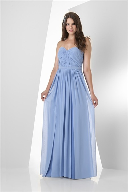 A Line Strapless Sweetheart Long Light Blue Chiffon Ruched Bridesmaid