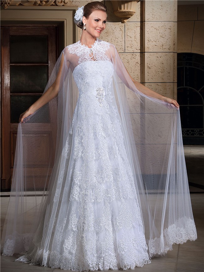 A Line Strapless Vintage Lace Tiered Wedding Dress With Cape Crystals Sash