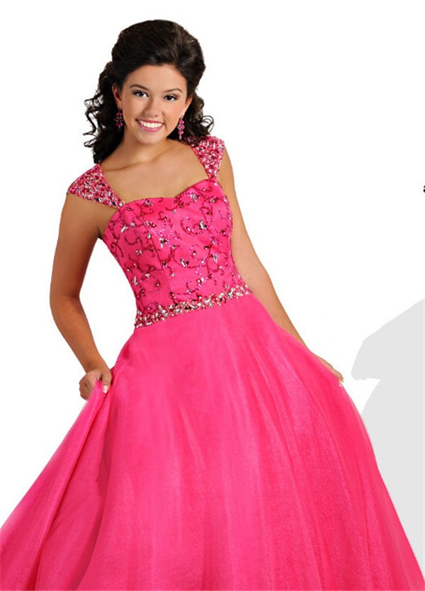A Line Sweetheart Long Hot Pink Tulle Beaded Teen Pro