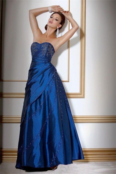 A Line Sweetheart Long Royal Blue Taffeta Beaded Evening Wear Dress