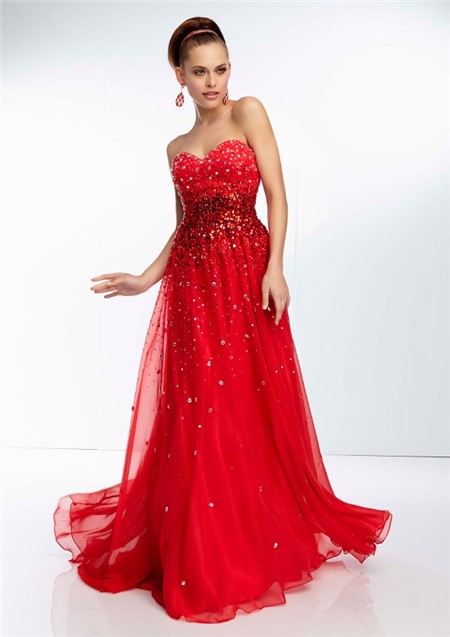 A Line Sweetheart Neckline Long Red Chiffon Beaded Crystal Party Prom Dress