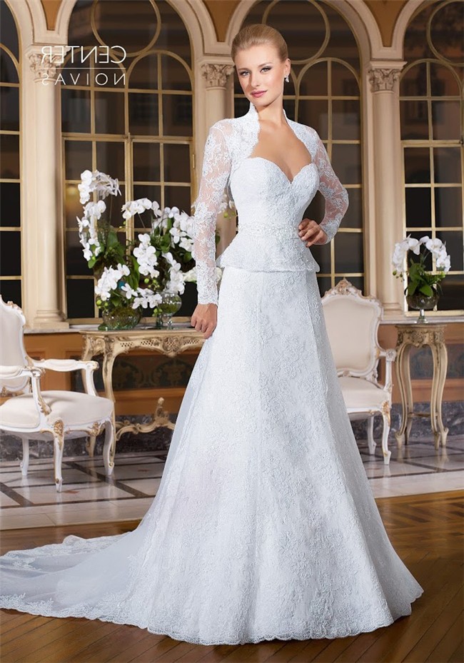 A Line Sweetheart Peplum Lace Wedding Dress With Long