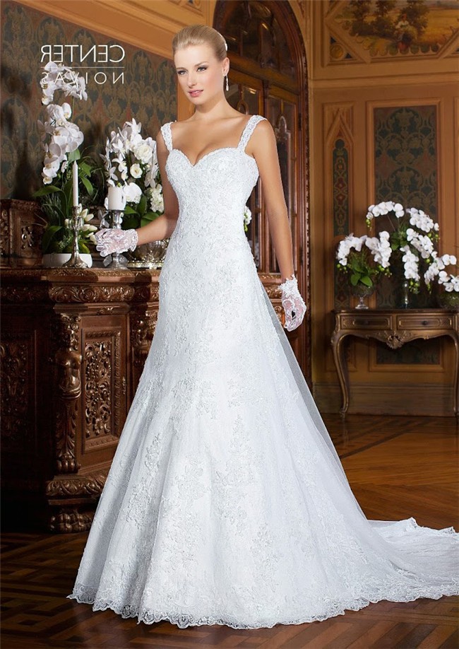 A Line Sweetheart Sheer Back Tulle Lace Wedding Dress With