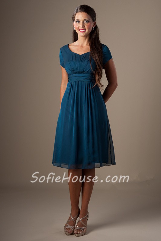 A Line Sweetheart Short Sleeves Teal Chiffon Modest Party Bridesmaid Dress