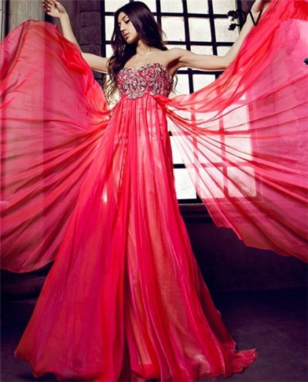 A Line Sweetheart Strapless Empire Waist Long Red Chiffon Flowing Prom ...