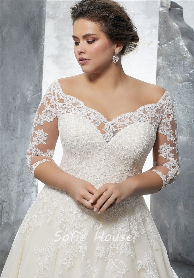A Line Sweetheart Three Quarter Sleeve Tulle Lace Plus Size Wedding Dress 2 