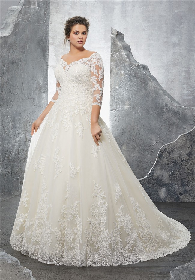 A Line Sweetheart Three Quarter Sleeve Tulle Lace Plus Size Wedding Dress