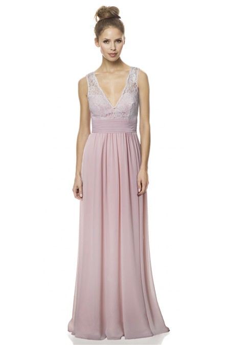 A Line V Neck And Back Long Light Pink Chiffon Lace Wedding Guest ...
