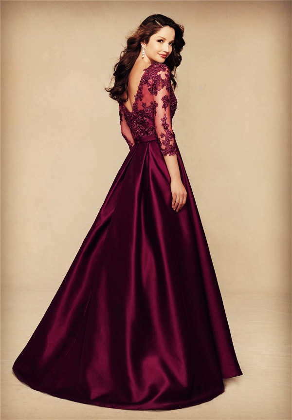 A Line V Neck Long Burgundy Satin Lace Sleeve Mother Of The Bride Evening Dress