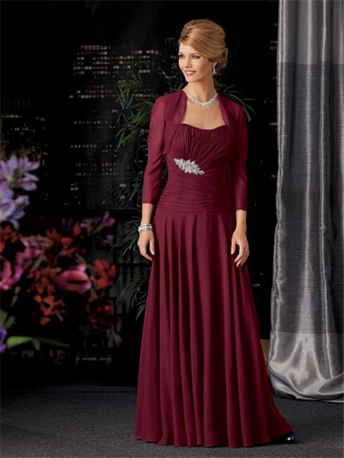 A line long burgundy chiffon mother of the bride dress with jacket
