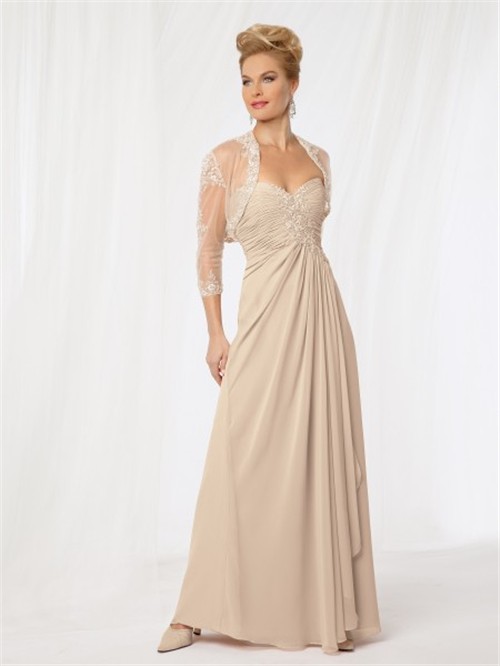A line sweetheart long champagne chiffon Mother of the bride dress with ...