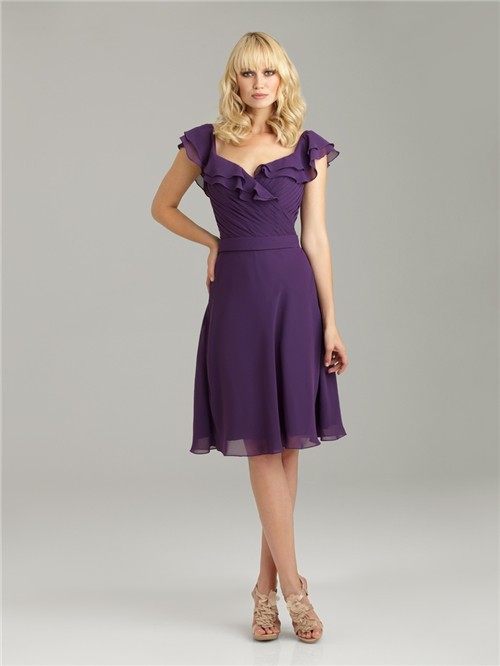 A Line V Neck Knee Length Short Purple Chiffon Bridesmaid Dress With Cap Sleeves And Ruffles 2798