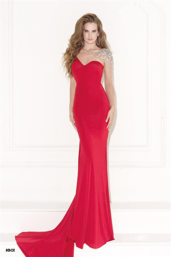 Asymmetric Sheath Red Satin See Through Tulle Beaded Evening Prom Dress