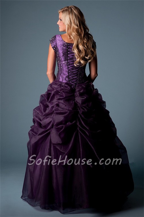 Ball Gown Cap Sleeve Dark Purple Organza Corset Prom Dress Pick Up Skirt