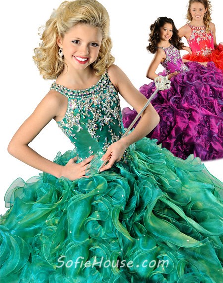 Ball Gown Emerald Green Organza Ruffle Beaded Little Girls Party Prom ...