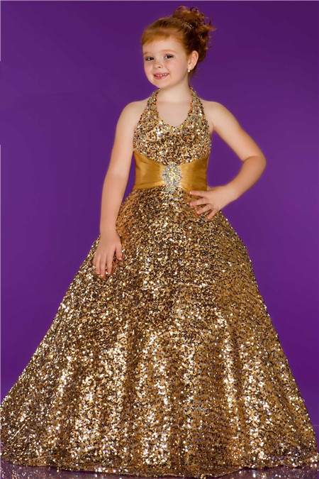 Ball Gown Halter Long Gold Sequin Little Girl Evening Prom Dress With Sash