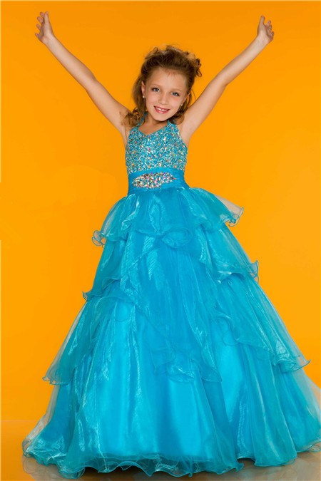 Ball Gown Halter Long Turquoise Ruffle Beading Little Flower Girl Party ...