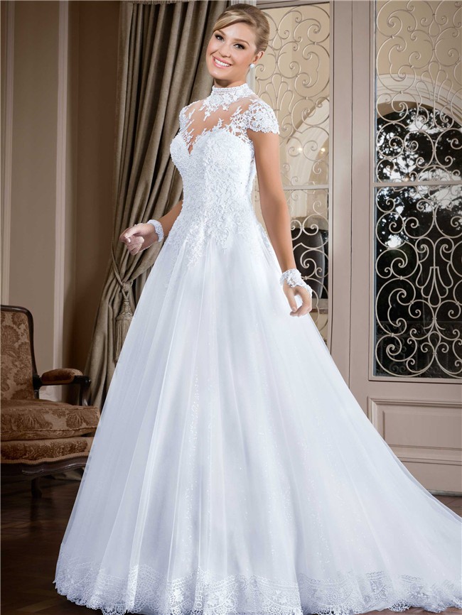 Ball Gown  High Neck Cap Sleeve Keyhole  Back Lace  Tulle 