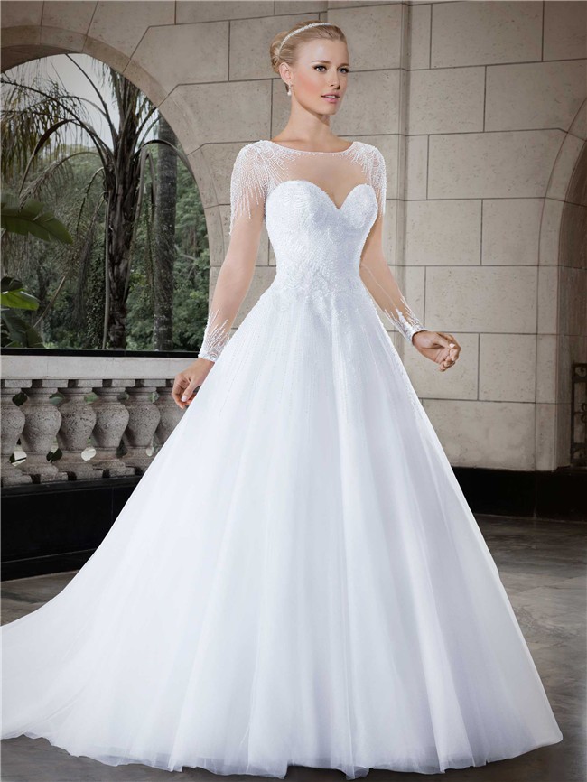 Ball Gown Illusion Neckline Sheer Back Long Sleeve Tulle Beaded Wedding 