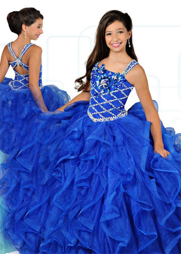 Ball Gown Royal Blue Organza Ruffle Beaded Girl Pageant Prom Dress With ...