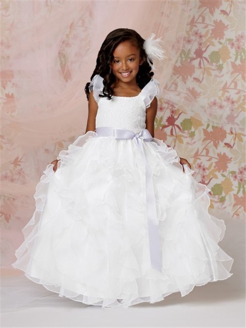 Ball Gown Scoop Floor Length White Organza Flower Girl Dress with