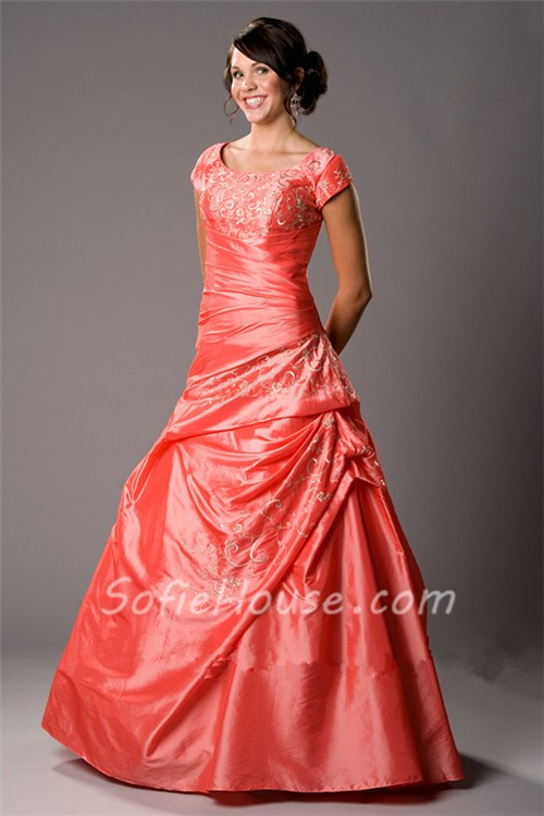 Ball Gown Scoop Neck Coral Taffeta Embroidery Modest Prom Dress With ...