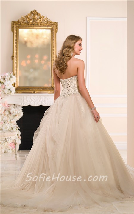 Ball Gown Strapless Drop Waist Champagne Colored Satin Tulle