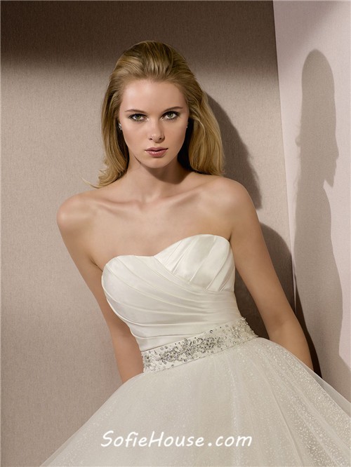 Ball Gown Strapless Ruched Satin Glitter Tulle Wedding Dress Crystals ...