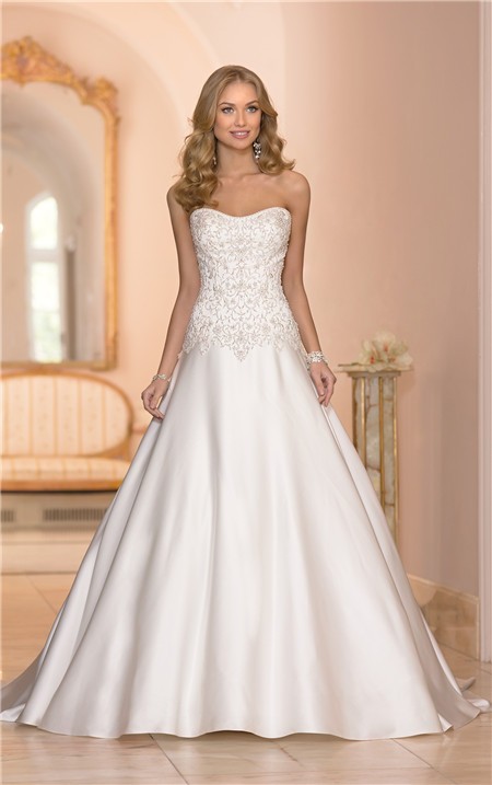 Ball Gown Strapless Satin Embroidery Beaded Corset Wedding Dress With Buttons 2620