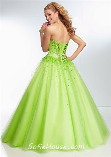 Ball Gown Strapless Sweetheart Corset Back Lime Green Tulle Beaded Prom ...