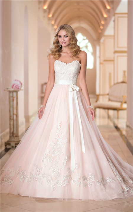 Ball Gown Sweetheart Blush Pink Satin Ivory Lace Wedding Dress With Sash