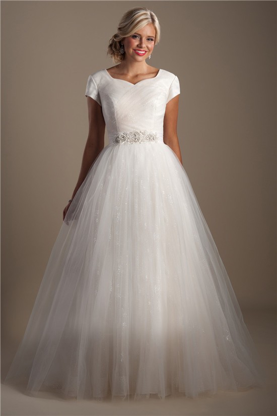 Ball Gown Sweetheart Cap Sleeve Sparkly Tulle Modest Wedding Dress With ...